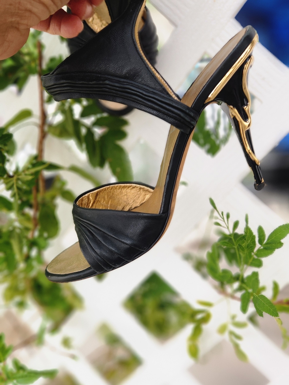 Black Leather Gold-Accent Heeled Sandals - Picture 5 of 9